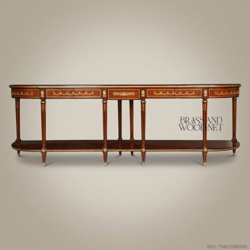 Louis XVI Neoclassical Demilune Console Table Solid Mahogany Diamond Parquetry Floral Marquetry Ormolu Brass Mounts Brass & Wood Front View | Brass & Wood