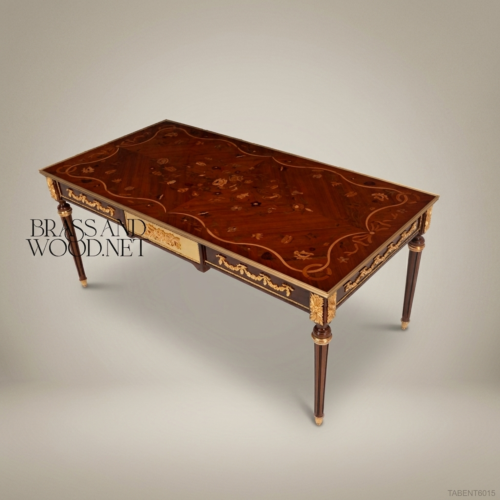 Louis XVI Bureau Plat Floral Marquetry Ormolu Bronze Mounts Mahogany Brass & Wood Front View | Brass & Wood