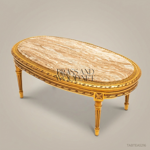 Louis XVI oval gilded wood coffee table with marble top