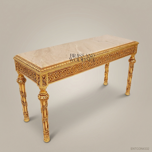Louis XVI Neoclassical Console Table Gold Leaf Carved Solid Wood Cream Marble Top Brass & Wood Front View | Brass & Wood