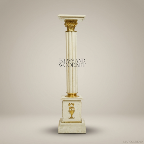 Neoclassical Marble Column Pedestal with Gilt Bronze Corinthian Capital