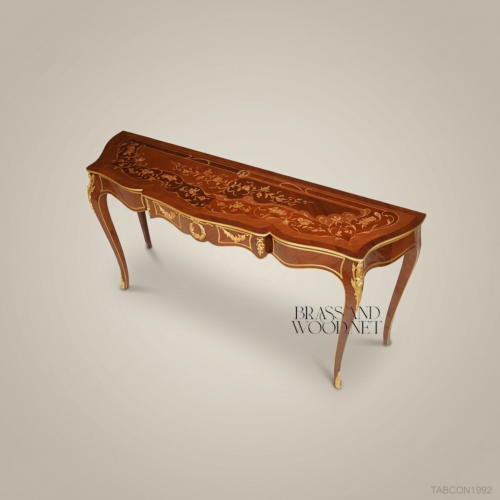 Louis XV Mahogany Console Table Floral Marquetry Gilded Ormolu Mounts Cabriole Legs Brass and Wood Front View | Brass & Wood