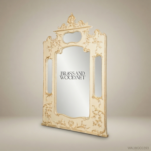 Rococo Revival Ivory Lacquered Pier Mirror Gilded Floral Carved Pediment Triple Panel Brass and Wood Side View | Brass & Wood