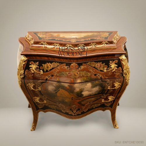 Napoleon III Rococo Revival Hand-Painted Bombé Commode - Landscape Panels & Gilt Bronze Mounts
