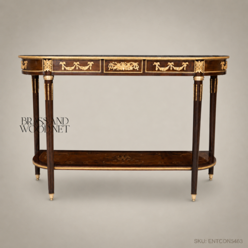 Louis XVI Neoclassical Console Table Solid Mahogany Marquetry Gilt Bronze Ormolu Mounts Fluted Legs Brass and Wood Front View | Brass & Wood