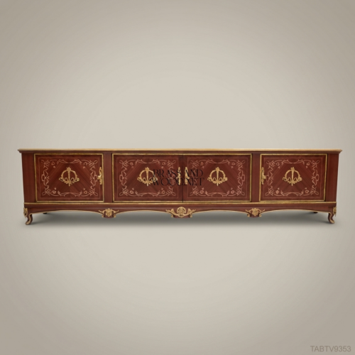 Napoleon III Rococo Revival TV Console — Lacquered Mahogany with Gilt Brass Strapwork & Four-Door Cabinet