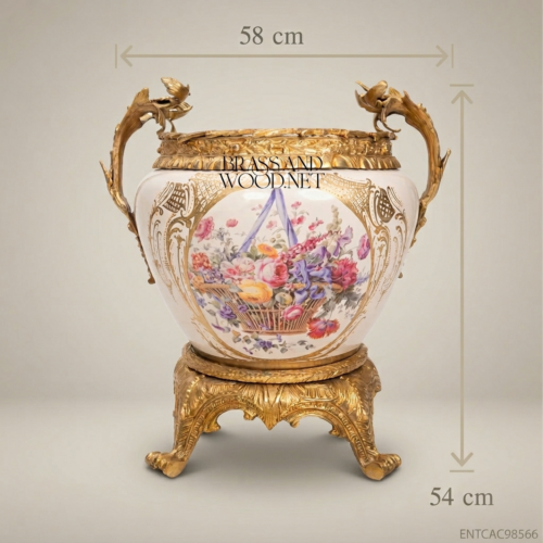 Napoleon III Rococo Revival Porcelain Cachepot - Hand-Painted Floral Basket with Gilt Bronze Mounts