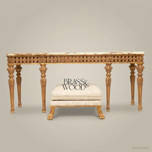Louis XVI Neoclassical Console Table Gold Leaf Carved Wood Onyx Marble Top Brass & Wood Front View | Brass & Wood