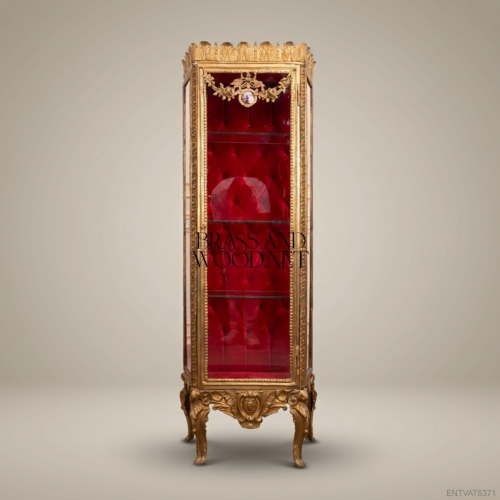 Napoleon III Rococo Revival Gilt Display Vitrine - Crimson Capitonné Interior & Acanthus Crown