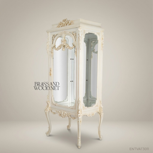Rococo Revival Ivory Vitrine Cabinet - Hand-Carved Floral Swags & Mirrored Interior