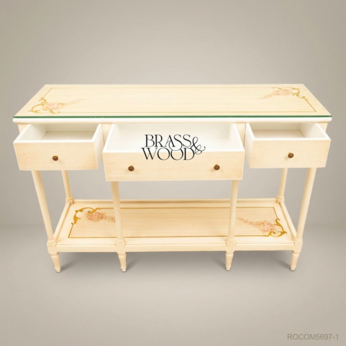 Classic Cream Wooden Console Table with Glass Top