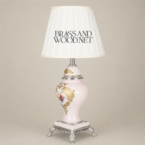 Classical Hand-Painted Porcelain Table Lamp Floral Bouquet Ornate Brass Claw-Foot Base White Pleated Shade Brass and Wood Silver Front | Brass & Wood