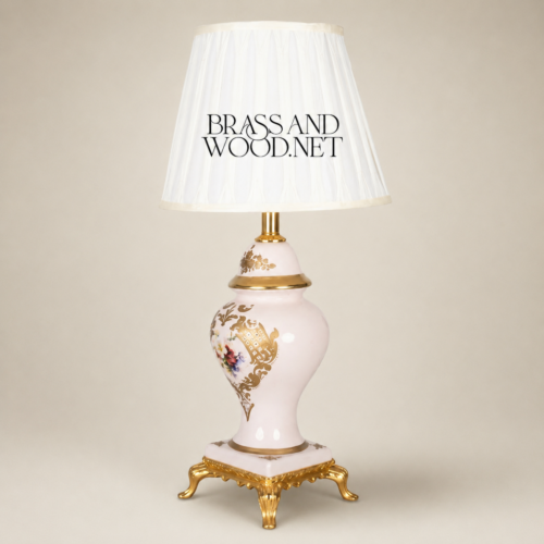 Classical Hand-Painted Porcelain Table Lamp Floral Bouquet Ornate Brass Claw-Foot Base White Pleated Shade Brass and Wood Gold Front | Brass & Wood