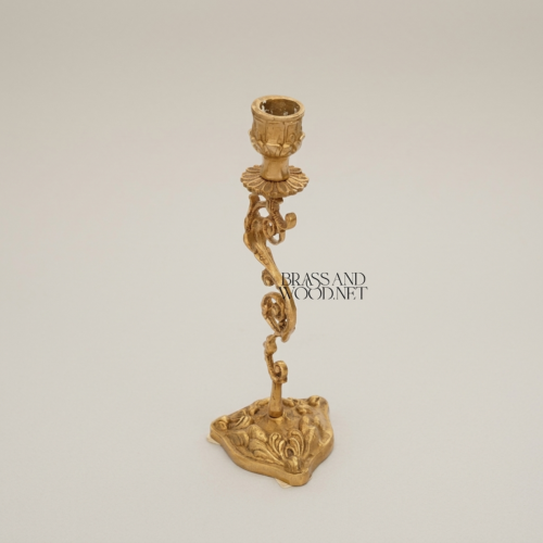 Rococo Brass Candlestick with Serpentine Scrollwork Stem - Antique Gold