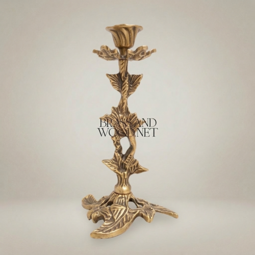 Rococo Brass Candlestick Holder - Botanical Leaf & Flower Single Arm - Antique Gold