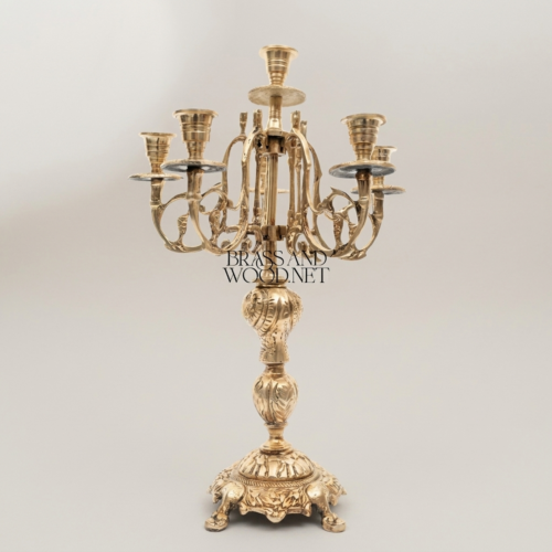 Baroque Brass 7-Arm Candelabra with Acanthus Stem & Scrolled Arms - Antique Gold