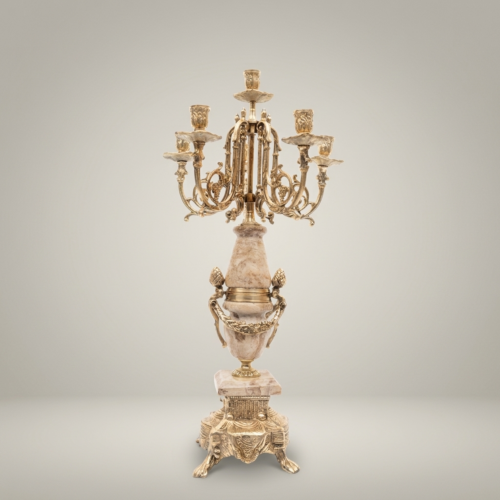 Neoclassical Five-Arm Candelabra with Marble Column & Ornate Brass Base - Antique Gold