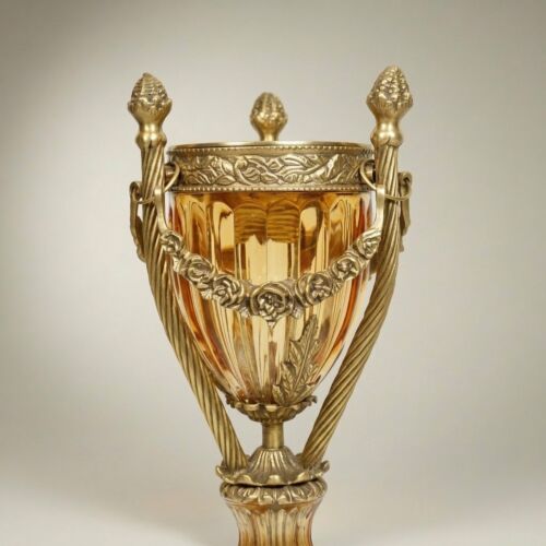 Neoclassical Crystal Urn Incense Burner with Pierced Brass Stand -CASSOULET-CRYSTAL-HONEY-SMALL-Antique