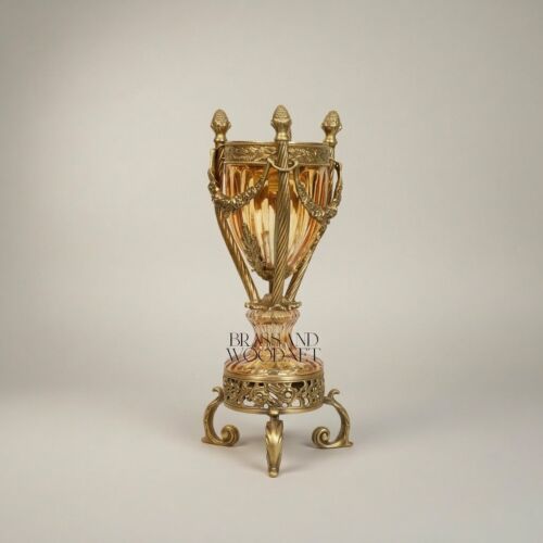 Neoclassical Crystal Urn Incense Burner with Pierced Brass Stand -CASSOULET-CRYSTAL-HONEY-SMALL-Antique