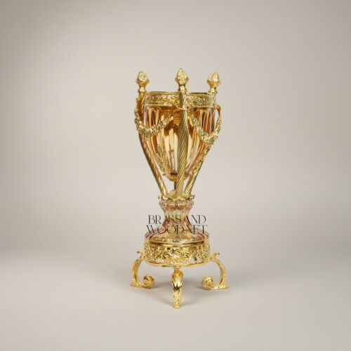 Neoclassical Crystal Urn Incense Burner with Pierced Brass Stand -CASSOULET-CRYSTAL-HONEY-SMALL-Gold