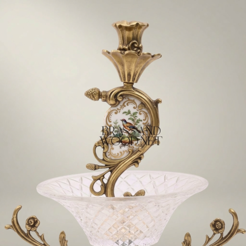 Rococo Brass & Crystal Candelabra Centrepiece with Scrolling Acanthus Stem and Cut-Crystal Bowl - Antique Gold