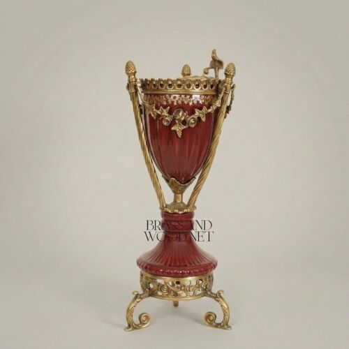 Neoclassical Ceramic Incense Burner with Gilt Brass Urn & Tripod Stand -CASSOULET-CERAMIC-RED-LARGE-Antique