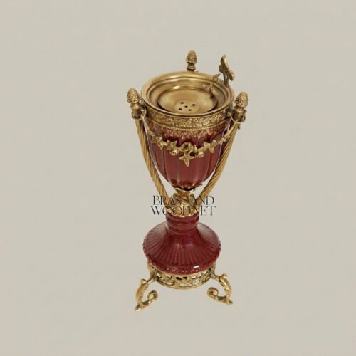 Neoclassical Ceramic Incense Burner with Gilt Brass Urn & Tripod Stand -CASSOULET-CERAMIC-RED-LARGE-Antique