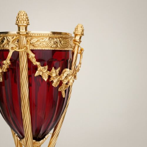 Neoclassical Ruby Glass Urn Incense Burner with Gilt Brass Mounts & Pinecone Finials -CASSOULET-CRYSTAL-RED-LARGE-Gold