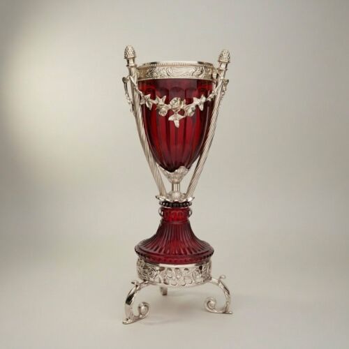 Neoclassical Ruby Glass Urn Incense Burner with Gilt Brass Mounts & Pinecone Finials -CASSOULET-CRYSTAL-RED-LARGE-Silver