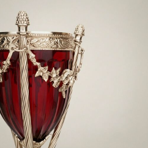 Neoclassical Ruby Glass Urn Incense Burner with Gilt Brass Mounts & Pinecone Finials -CASSOULET-CRYSTAL-RED-LARGE-Silver