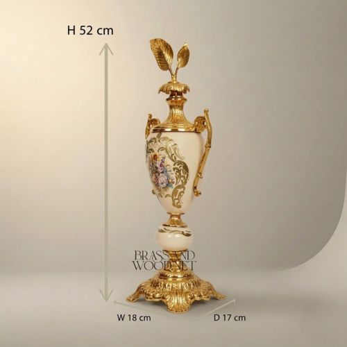 Rococo Brass Ceramic Lidded Trophy Vase Hand-Painted Floral Cartouche Ornate Gold Front | Brass & Wood