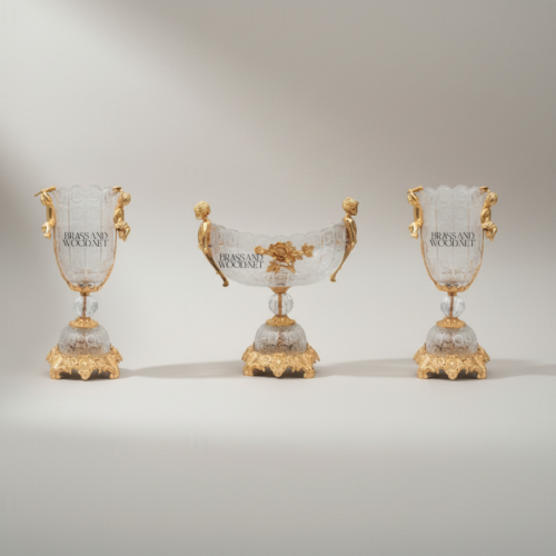 Baroque Handcrafted Crystal Brass Vase and Centerpiece Bowl Set with Cherub and Female Figure Handles Ornate Base Gold Front | Brass & Wood