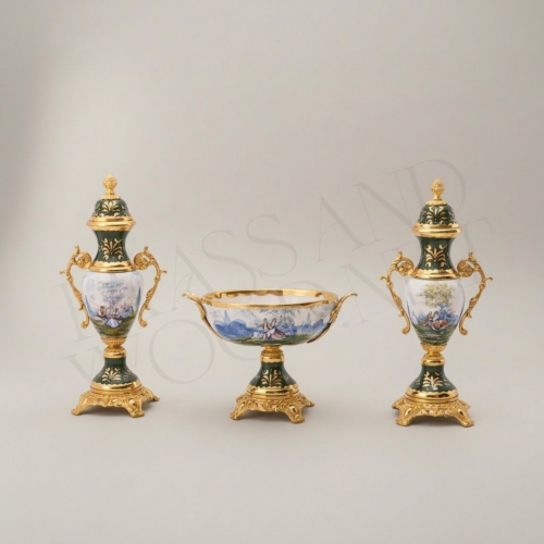Neoclassical Hand-Painted Green Ceramic Lidded Urn Vase with Landscape Medallion and Ornate Brass Handles and Mounts Gold Front | Brass & Wood