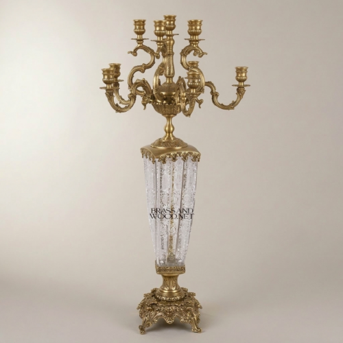 Baroque Brass & Crystal 7-Arm Candelabra with Engraved Crystal Column and Rococo Scroll Arms - Antique Gold