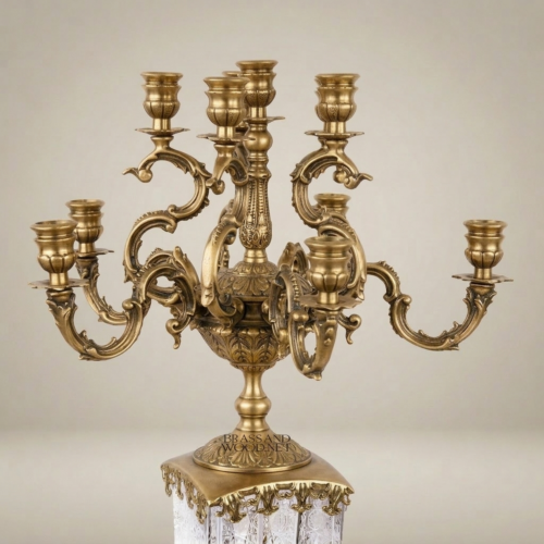 Baroque Brass & Crystal 7-Arm Candelabra with Engraved Crystal Column and Rococo Scroll Arms - Antique Gold