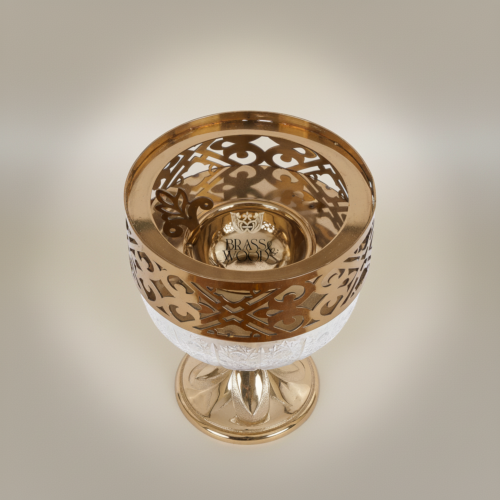 Arabesque Brass and Crystal Globe Incense Burner with Pierced Fretwork Crown and Ornate Pedestal Base Gold Front | Brass & Wood