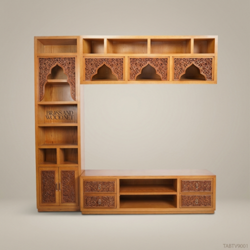 Arabesque Solid Wood TV Unit Hand-Carved Muqarnas Arch Panels Honey Oak Brass and Wood Front View | Brass & Wood