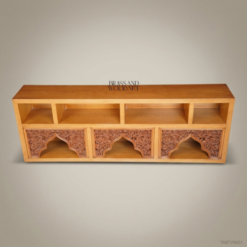 Arabesque Solid Wood TV Unit Hand-Carved Muqarnas Arch Panels Honey Oak Brass and Wood Front View | Brass & Wood