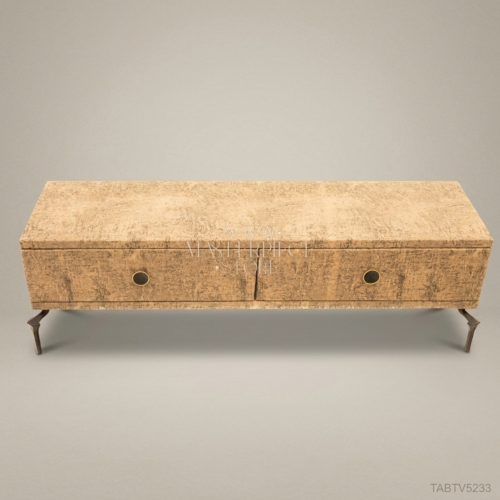 Art Deco Distressed Wood TV Console Antique Bronze Tapered Legs Dual Drawers Red-Lined Interior Front View | Brass & Wood