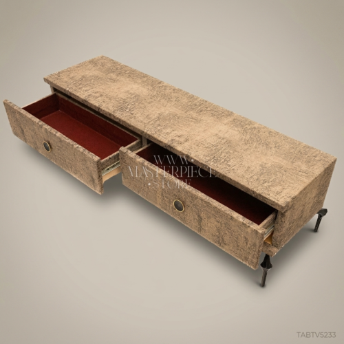 Art Deco Distressed Wood TV Console Antique Bronze Tapered Legs Dual Drawers Red-Lined Interior Front View | Brass & Wood