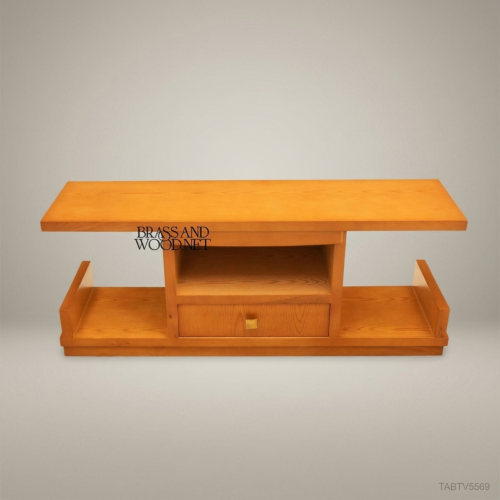 Art Deco Solid Wood TV Console Cantilevered Top Centre Drawer Honey Oak Brass Handle Brass and Wood Front View | Brass & Wood