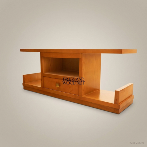 Art Deco Solid Wood TV Console Cantilevered Top Centre Drawer Honey Oak Brass Handle Brass and Wood Front View | Brass & Wood