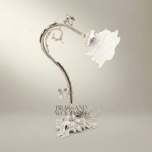 Art Nouveau Handcrafted Brass Table Lamp Sculpted Vine Stem Floral White Glass Shade Brass and Wood Silver Front | Brass & Wood