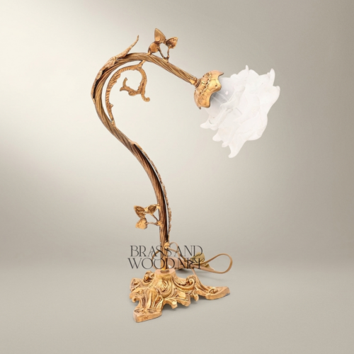 Art Nouveau Handcrafted Brass Table Lamp Sculpted Vine Stem Floral White Glass Shade Brass and Wood Antique Gold Front | Brass & Wood