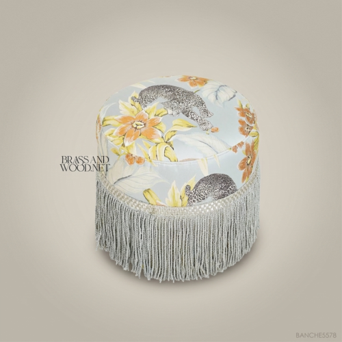 Victorian Salon Pouf with Tropical Floral Print & Tassel Fringe 01