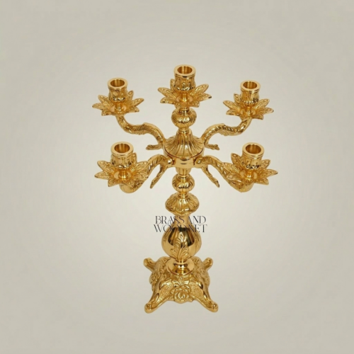Baroque Five-Arm Brass Candelabra Dragon Serpent Arms Acanthus Carved Base Ornate Gold Front | Brass & Wood