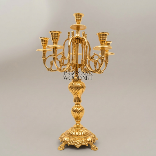 Baroque Brass 7-Arm Candelabra Acanthus Stem Scrolled Arms Ornate Base Brass and Wood Gold Front | Brass & Wood