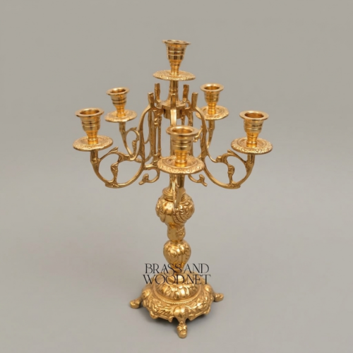 Baroque Brass 7-Arm Candelabra Acanthus Stem Scrolled Arms Ornate Base Brass and Wood Gold Front | Brass & Wood