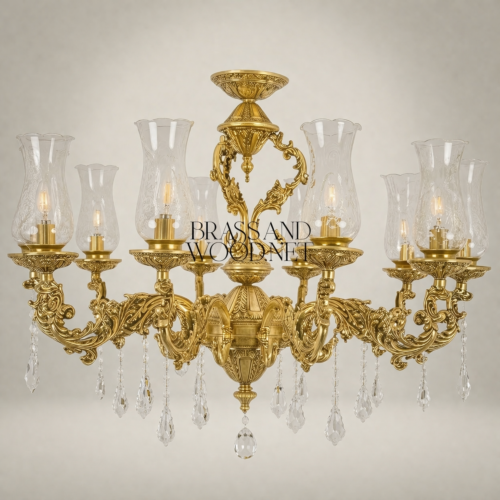 Baroque 8-Arm Brass Chandelier Hurricane Glass Shades Crystal Drops Rococo Ceiling Light Brass and Wood Gold Front | Brass & Wood