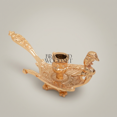 Baroque Brass Bird-Form Candle Holder Ornate Floral Base Handcrafted Brass and Wood Gold Front | Brass & Wood